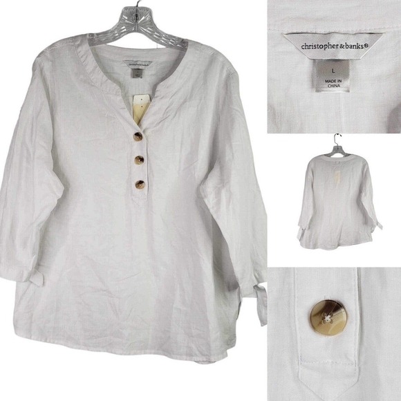 Christopher & Banks CJ Tunic Top Women's Large White V-Neck Linen Rayon Popover - Picture 1 of 10